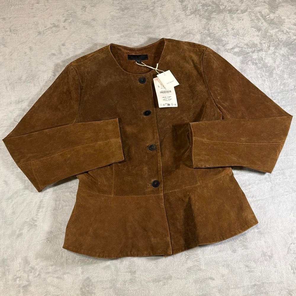 NWT Zara 100% Suede Leather Peplum Jacket | Brown | Large